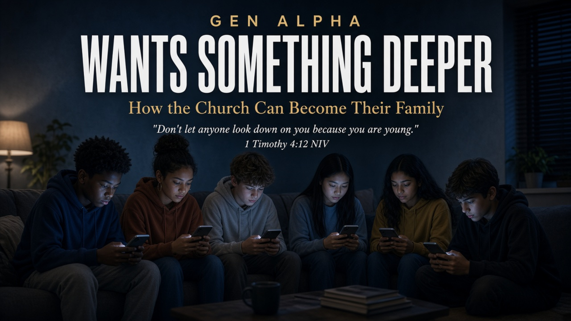 Gen Alpha Wants Something Deeper title over a diverse group of young teens on a couch, each looking at a glowing phone