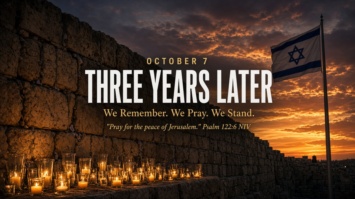 October 7 Three Years Later title over memorial candles at the Western Wall