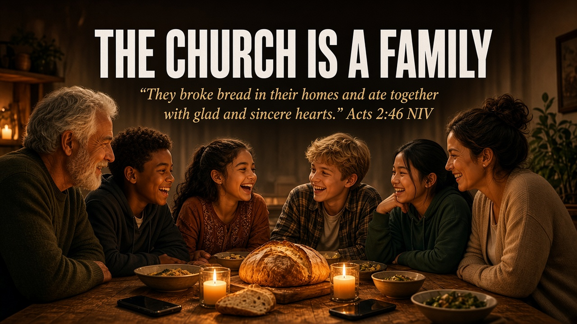 Diverse Gen Alpha kids laughing around a family table with bread and candles, with a grandfather and a mother, under the words The Church Is a Family