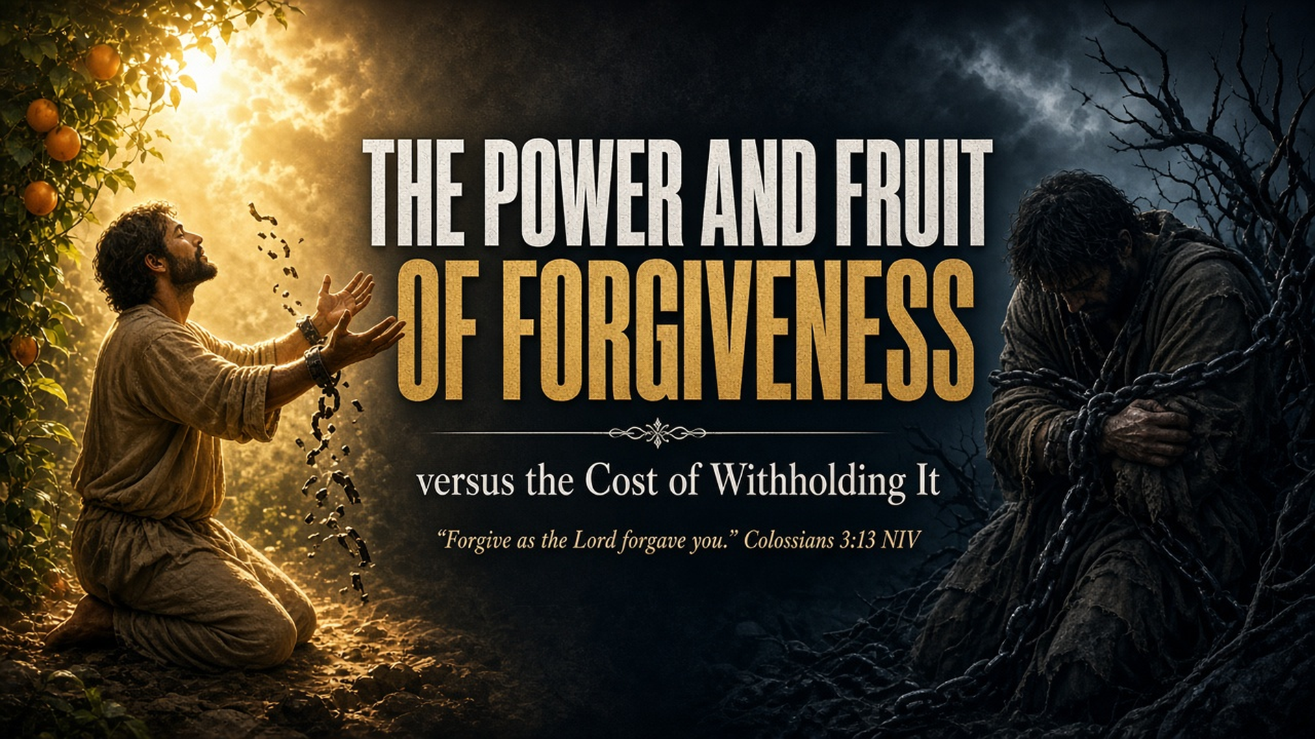The Power and Fruit of Forgiveness title over a man releasing a chain beside a fruitful vine