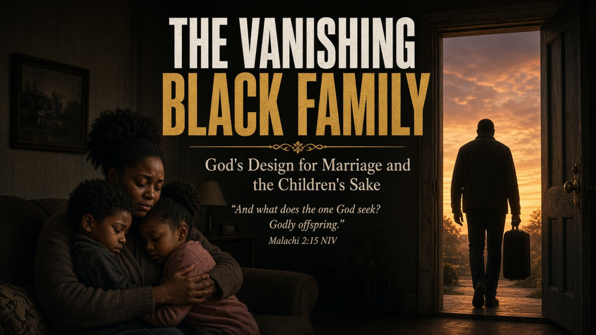 The Vanishing Black Family title over a Black mother holding her two children as the father walks out the door
