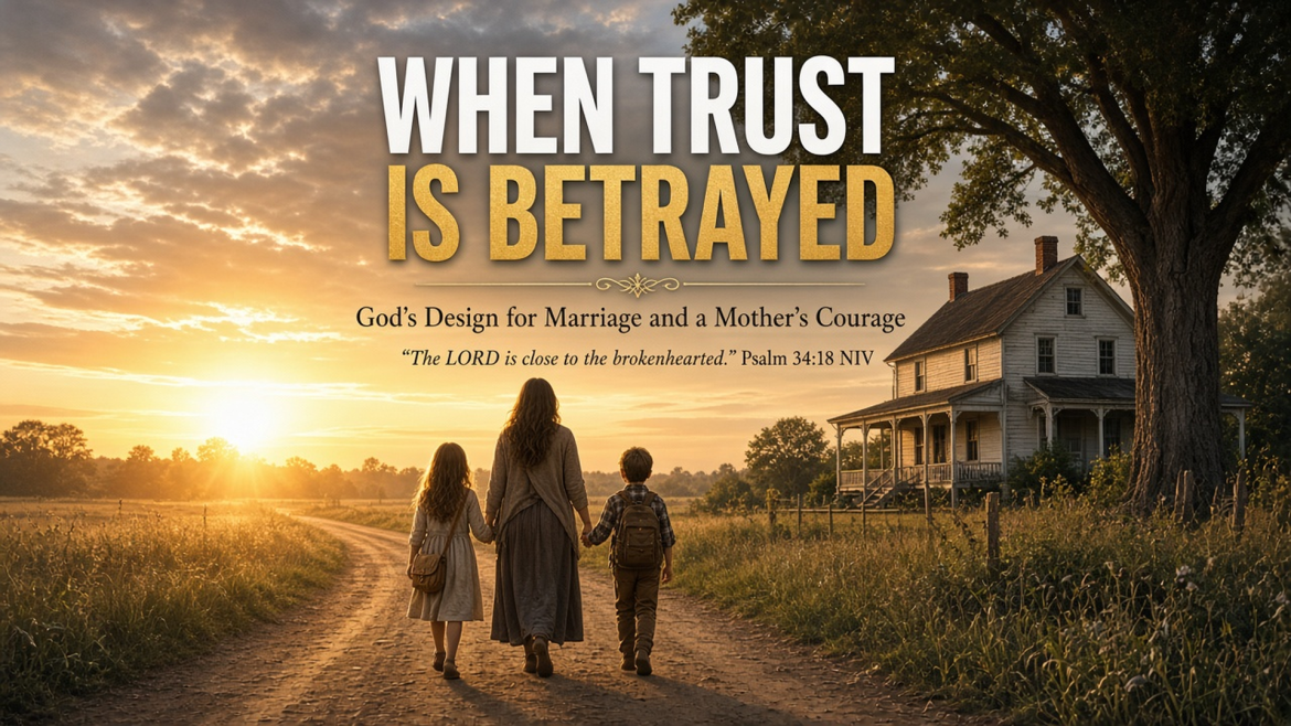 When Trust Is Betrayed title over a mother walking a country road at sunrise with her two children