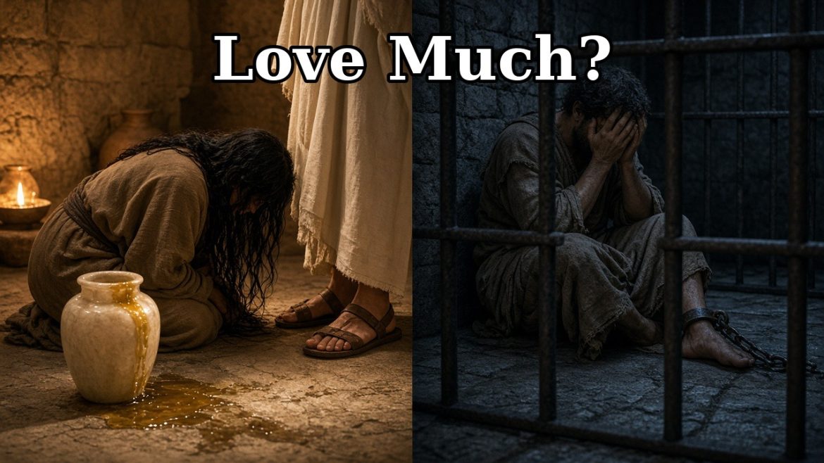 Split image: a woman weeping at Jesus' feet with an alabaster jar on the left, and a man behind prison bars in a cold cell on the right, under the words Love Much?