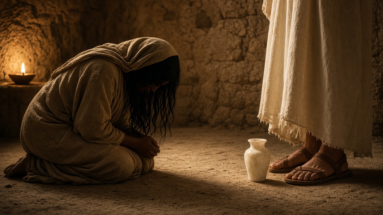 A woman kneeling in worship at the feet of Jesus beside an alabaster jar, seen from behind.