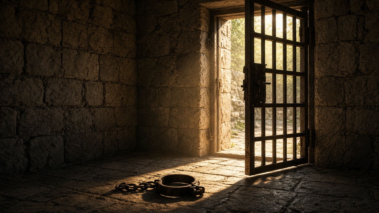 An open door of an ancient stone prison cell with sunlight pouring in and an open shackle on the floor.