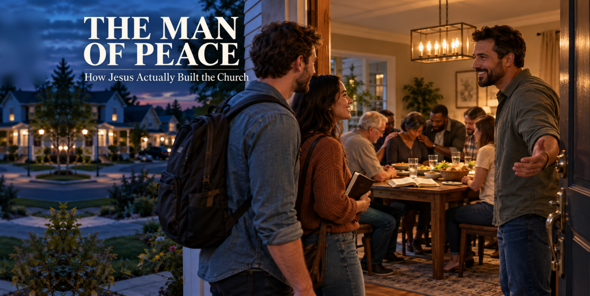 A smiling man opens his front door at dusk to welcome a young man with a backpack and a young woman holding a Bible, while friends share a meal around a candlelit table inside, beside the title The Man of Peace: How Jesus Actually Built the Church.