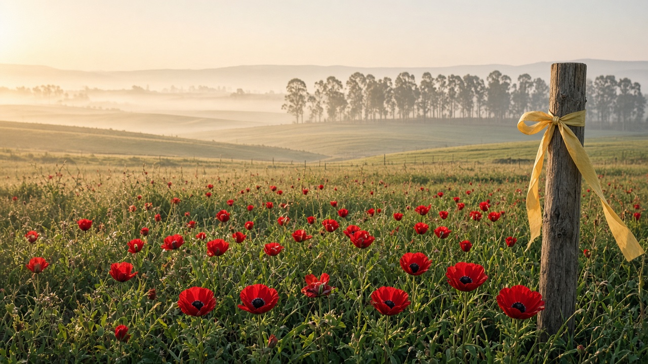 A field of red anemone flowers in southern Israel at sunrise, with a yellow ribbon tied to a wooden fence post.