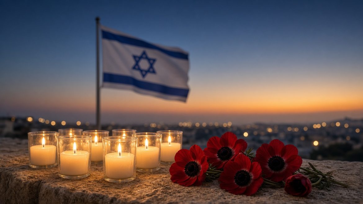 Memorial candles glowing on a Jerusalem-stone ledge at dusk beside red anemones, with an Israeli flag softly blurred behind them.