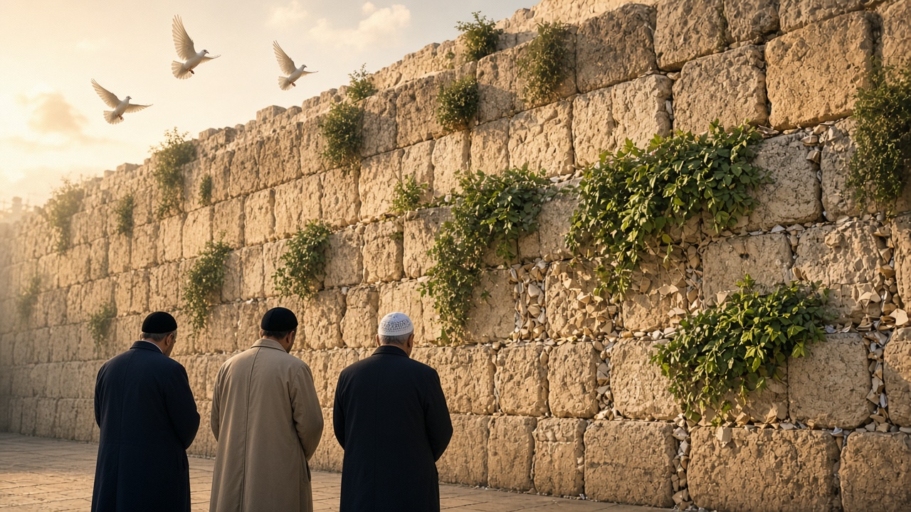 Worshippers praying at the Western Wall in Jerusalem in the early morning light, with folded prayer notes tucked between the ancient stones.