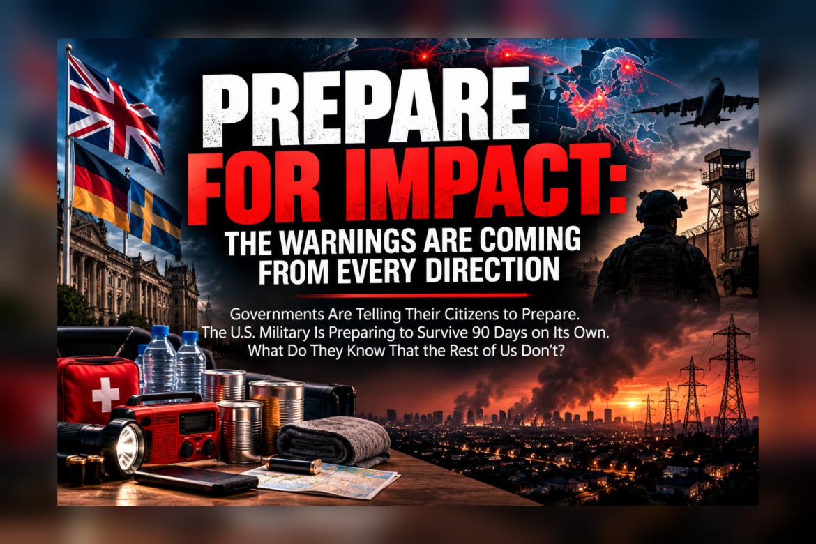 Dramatic collage of European flags, emergency supplies, a soldier at a military fence, and a city under dark skies, with the title Prepare for Impact: The Warnings Are Coming From Every Direction