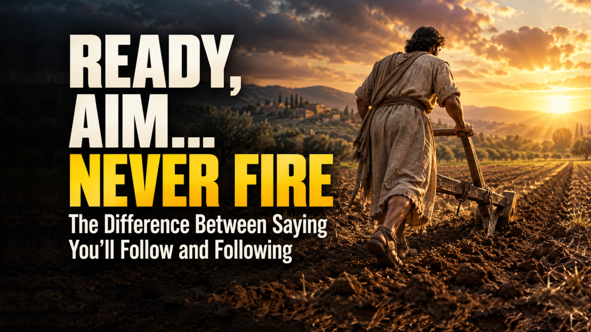 A man in a robe plows a field at sunset beside the title “Ready, Aim… Never Fire: The Difference Between Saying You’ll Follow and Following”
