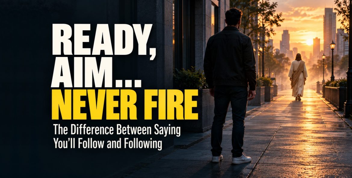 Ready, Aim… Never Fire: a man stands still on a city sidewalk while Jesus walks ahead into the sunrise